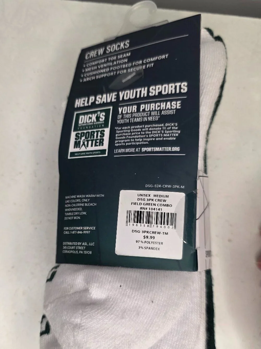 Dick's Sporting Goods 3 Pack Crew White Green Unisex Socks Size Medium NWT
